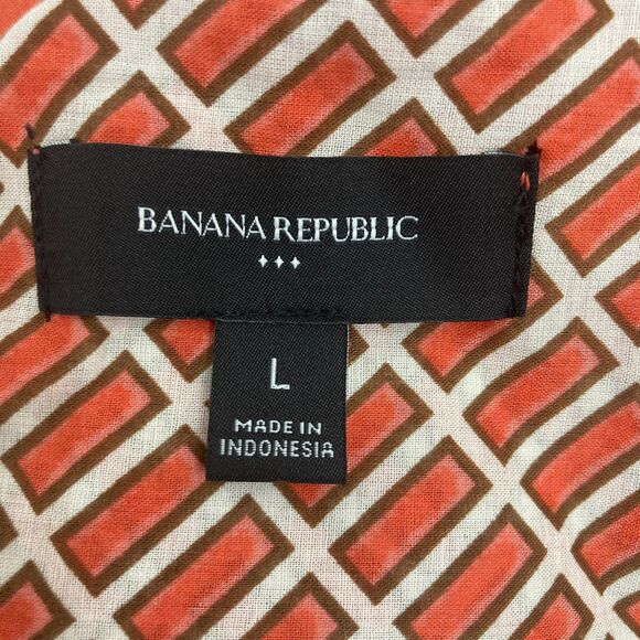 Banana Republic Factory Voile Mini Dress Size L Shirred Waist Orange Geo Print - Picture 15 of 16